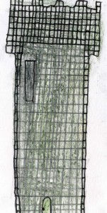 Fente verticale pratiquée dans un mur de fortification pour jeter des projectiles ou tirer sur les assaillants. Dessiné par Justine.